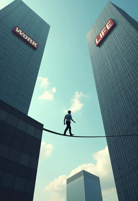A person tightrope walking between two skyscrapers, one building with big pancart text "Work" and the other building with big pancart text "Life".