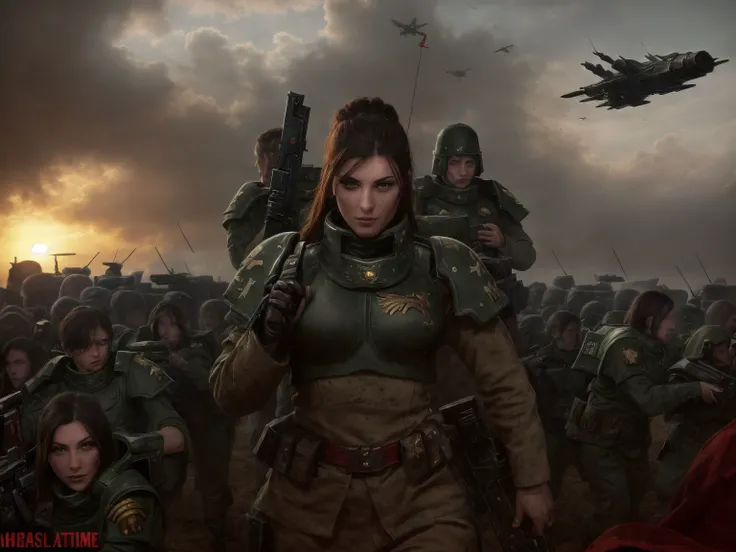 1girl, close shot professional photo of a woman, sharp focus, detailed skin texture, detailed eyes, detailed hair, <lyco:warhammer 40k imperial guardsman:.7>, rifle, sword, laser gun, red military uniform, collar, soldier, astra militarum, imperial guard, warhammer, wh40k, <lyco:ESL:.7>, brown hair, background is a massive cityscape, battle, fighting, combat, huge explosion in the background, the distant future, 1942, color photo, <lyco:WH40KSisters_V2rank8:.7> <lyco:epiNoiseoffset_v2:1.0>