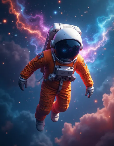 Create a surreal and vibrant depiction of an astronaut floating in the depths of space, with their helmet reflecting the wonders of the cosmos. The astronaut's suit should be a bright orange, contrasting with the ethereal blues, purples, and pinks of the surrounding nebulae and stars. On one side of the helmet, have cosmic energy and vivid colors burst out, with abstract, tendril-like forms extending outward, merging the boundaries between the astronaut and the universe. The backdrop should be a dazzling mix of galaxies, stars, and nebulae, with a sense of motion and energy swirling around. Include the feeling of infinity and exploration, with the astronaut symbolizing the bridge between human curiosity and the vast unknown of space.
Incorporate a futuristic and slightly abstract style, with a blend of realism and vibrant digital art, capturing the awe and mystery of the cosmos. The overall mood should be otherworldly, with a mix of wonder, excitement, and a hint of the unknown.