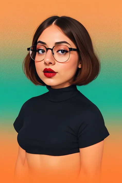 Meg Griffin, plump lips, aquiline nose, shortstack, brown hair, glasses, Minimalist illustration, muse of the arts, dancing linework, resonating with a secret tune, orange blue gradient background, highly detailed, deep darks, high contrast, masterpiece, 8k, French vibe