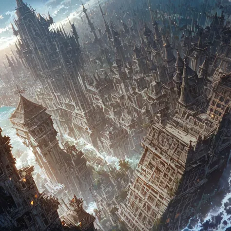 score_9, score_8_up, score_7_up, masterpiece, excellent quality, NewTokyoWoodblock, far from above, ancient medieval city, small buildings, towers, walls, ocean around city, waves crashing against walls, hole in the middle of the city, darkness and eerie glow from hole, dark feeling, novuschroma38 style
