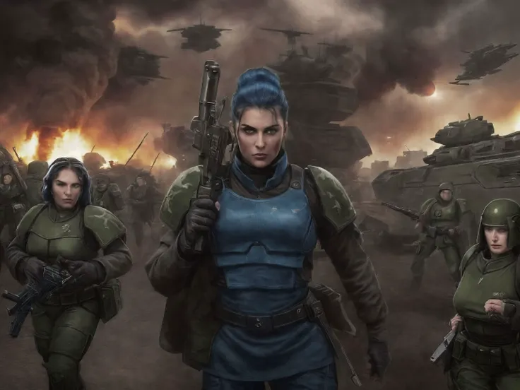 1girl, close shot professional photo of a woman, sharp focus, detailed skin texture, detailed eyes, detailed hair, <lyco:warhammer 40k imperial guardsman:.7>, rifle, sword, laser gun, blue military uniform, collar, soldier, astra militarum, imperial guard, warhammer, wh40k, Bell4L0b4t001, green hair, background is a massive cityscape, battle, fighting, combat, huge explosion in the background, the distant future, 1940s, color photo, <lyco:Angron MK1 by CARAXES:.3> <lyco:epiNoiseoffset_v2:1.0>