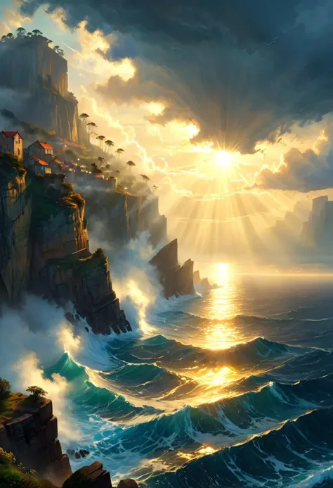 close view on open ocean from cliffisde, morning, slight fog, sunrays, water, (clouds), very busy sky, storm, dim fog, atmospheric, (golden glow), romantic impressionism, absurdres, scenery art, matte painting, romantic, beautiful digital painting, anime landscape, romantic painting, paintlike, dreamy,