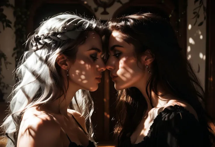 score_9, score_8_up, score_7_up, score_6_up, 2girls, looking longingly at each other, expressive eyes, lesbian attraction, suggestive looks, beautiful, eye-shadow, long hair, gothic style, atmospheric, dappled moonlight, silver light shafts, 18th century manor house dimly lit in background, portrait, cool color palette, s1_dram