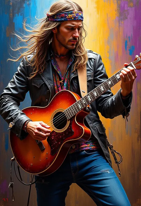 Beauty, realism, cinematography, chiaroscuro, rays of light, play of shadow and light, cinematic quality, Cinematic style.
a acrylic painting of a hippy man in jeans playing a guitar, art by Xavier Blum Pinto, art by Keos Masons, textured impasto, thick and heavy strokes, (paint drips:0.45)
