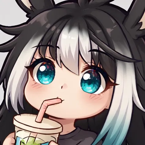 <lora:Sip_Twitch_Emote:1> viera, black hair, white hair, multicolor hair, , drinking straw, drinking, drinking straw in mouth, holding cup, cute