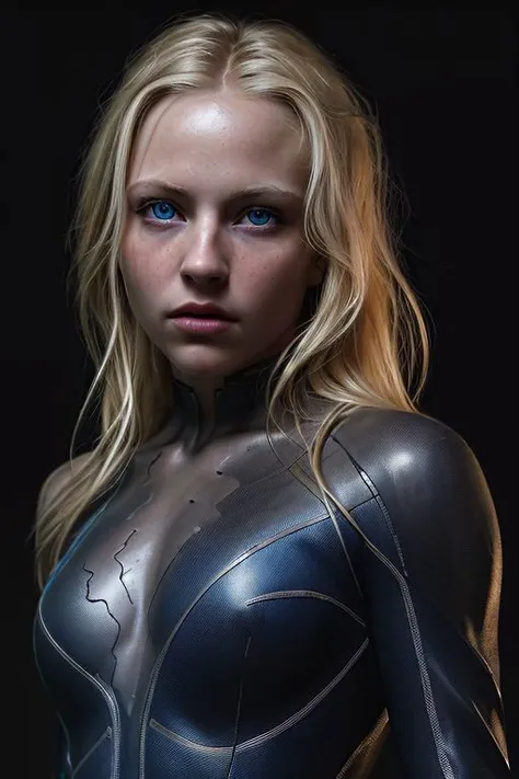 Best quality, masterpiece, ultra high res, (photorealistic:1.4), raw photo, 1girl, blonde hair, blue eyes, detailed eyes and face, black suit, dynamic lighting, in the dark, deep shadow, low key, shot full-lenght body
