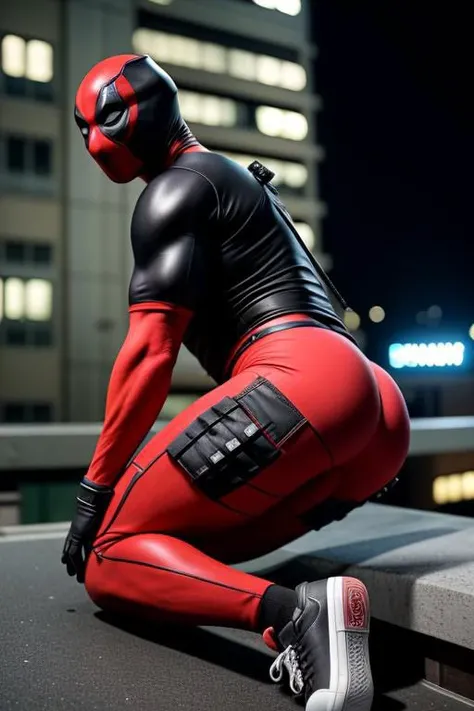 Full shot, Side view, two-men-in-rooftop: (Deadpool, open pants, erect cock, pushing up the top, very hairy body, , cum dripping cock, fucked in ass) and (fucking in ass, muscular hairy man with sneaker and muscle-shirt), creampie, cumsmeared mask, hard wild assfuck, ejaculation during fucking highly detailed , ultra sharp, photograph, film, bokeh, professional, 4k, highly detailed <lora:add-detail-xl:1.5>