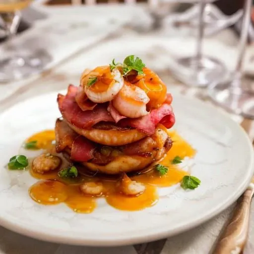 A plate of perfectly seared scallops wrapped in crispy bacon, garnished with fresh parsley and served with a side of garlic butter sauce. The scallops are tender and slightly caramelized on the edges, with the bacon adding a savory crunch. The dish is served on a white plate with a glass of chilled white wine.