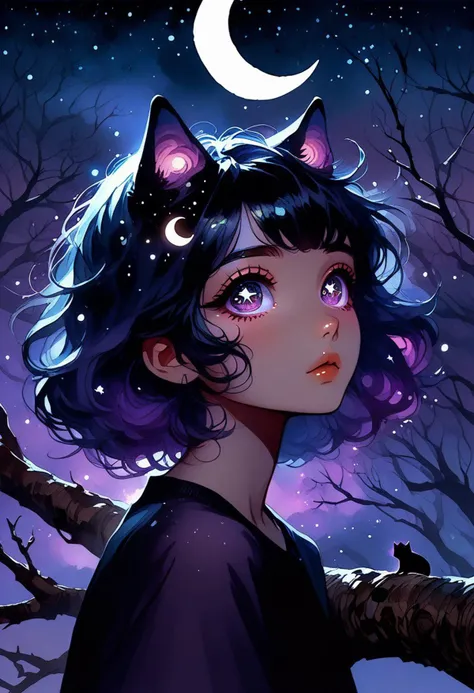 score_9, score_8_up, score_7_up,source_anime,
1girl,mixed Korean,Kpop idol, Surreal night scene,silhouette of a cat sitting on a tree branch,crescent moon in the sky,purple hues,starry night,dreamlike atmosphere,glowing edges,mystical,high contrast,ethereal light,detailed textures,whimsical, ((watercolor painting)), eyesHD, high gradient eyes, detailed eyes, high definition eyes