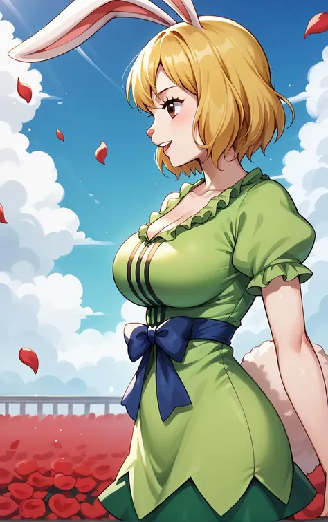 score_9, score_8_up, score_7_up, BREAK
GreenDress_Carrot_ownwaifu,
1girl, blonde hair, rabbit girl, short hair, furry female, rabbit tail, animal ears, brown eyes, rabbit ears, buck teeth, large breasts, animal nose, body fur, white fur, collarbone, bare legs, colored skin,
dress, green dress, short sleeves, puffy sleeves, bow, cleavage, puffy short sleeves, frills, green shirt, short dress,
(contrapposto, from side, looking down, cowboy shot), falling petals, red petals, simple background, bokeh, <lora:PONYXL_ONEPIECE_Carrot_ownwaifu:0.85>, solo,