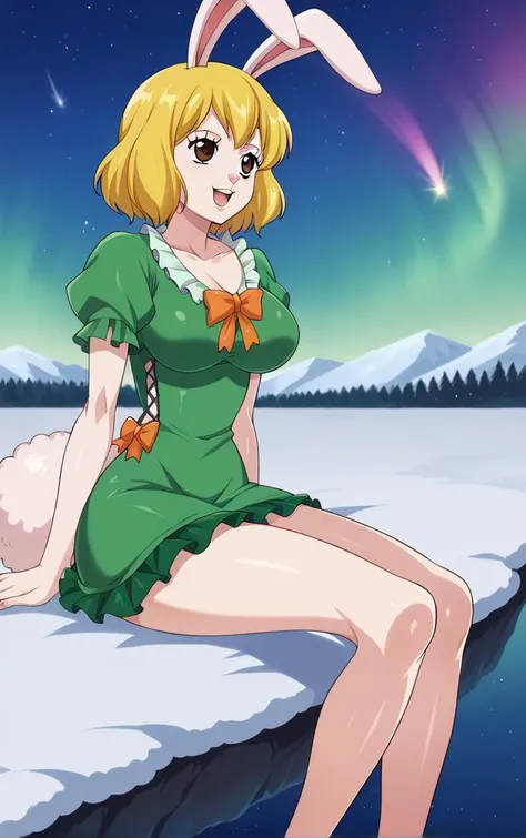 score_9, score_8_up, score_7_up, BREAK
GreenDress_Carrot_ownwaifu,
1girl, blonde hair, rabbit girl, short hair, furry female, rabbit tail, animal ears, brown eyes, rabbit ears, buck teeth, large breasts, animal nose, body fur, white fur, collarbone, bare legs, colored skin,
dress, green dress, short sleeves, puffy sleeves, bow, cleavage, puffy short sleeves, frills, green shirt, short dress,
(sitting, looking up), aurora, shooting star, star \(sky\), winter, snow, night, scenery, outdoors, <lora:PONYXL_ONEPIECE_Carrot_ownwaifu:0.75> , depth of field, solo,