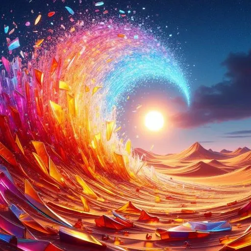 A massive glass shard storm sweeping across a desert, the shards slicing through the air with a loud, piercing sound, reflecting the intense light of the sun in every direction, turning the sky into a dazzling, chaotic explosion of color and light, with the sand dunes shattered into jagged, glassy formations.