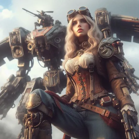 a blond woman, steampunk mecha pilot, standing on the shoulder of her mecha at the end of war, very high quality