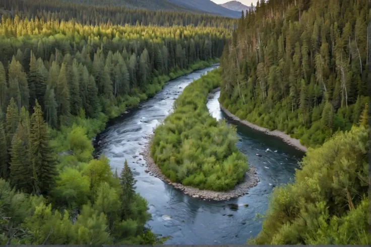 3. A panoramic view of a pristine Montana river winding through a lush forest. Absurd photo,