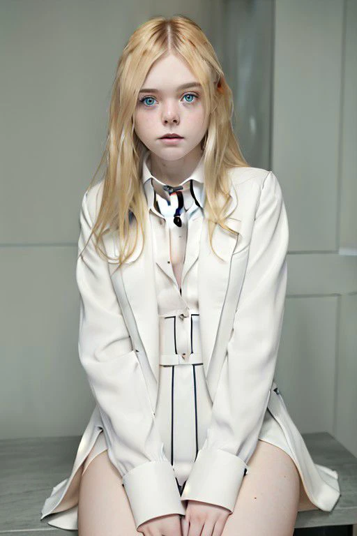 Elle Fanning, (wearing a knee-length dress with a blazer and white collared shirt:1.3), portrait, looking at camera, professional photographer, perfect lighting, sfw, no text, blonde