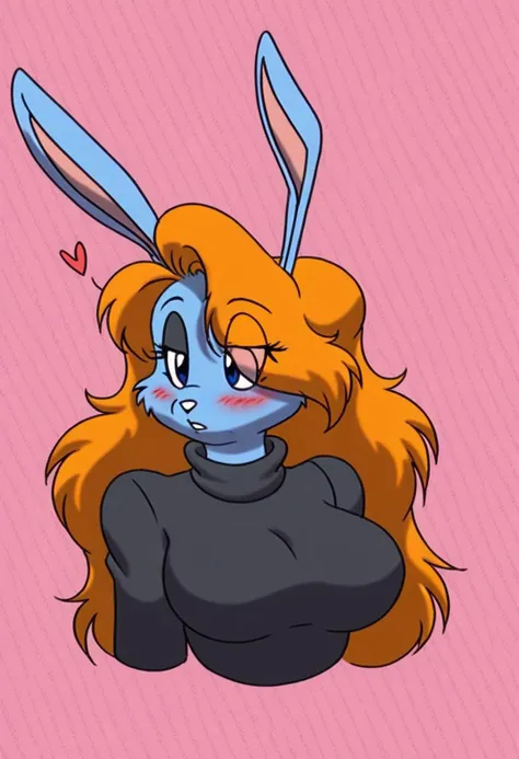 EvaEarlongPXL,rabbit girl,long orange hair,long hair,blue fur,blue eyes,rabbit girl,1girl, breasts, long hair, animal ears,orange hair, solo, heart, furry, furry female, rabbit ears, upper body,blue eyes, large breasts, pink background, half-closed eyes, signature, simple background, rabbit girl, animal nose,blue fur, eyeshadow, parted lips, black sweater, body fur, black shirt, looking to the side, eyes visible through hair, shirt, sweater, cropped torso, makeup, turtleneck, two-tone fur, hair over one eye, blush, very long hair,retro artstyle
<lora:evaearlong-v1:0.9>