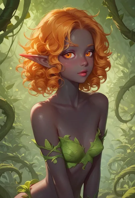 score_9,score_8_up,score_7_up, 1girl, 24yo, elf, orange eyes, orange curly hair, pointy ears, black skin, small breasts. green vines on all body, vines, high quality, zPDXL3, smudgy, liu2, kyuyongeom
