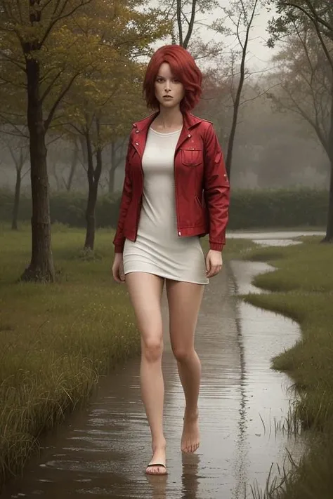 a dry girl 18 year old, (short-red-hair:1.4), (naked jacket1.6), (naked:1.5), (breast:1.4), (upper body focus:1.3), (serene park:1.1), (soft-sunlight:0.8), (damp hair:1.2), (autumnal charm:0.7), (full-body:1.4), walking photorealism