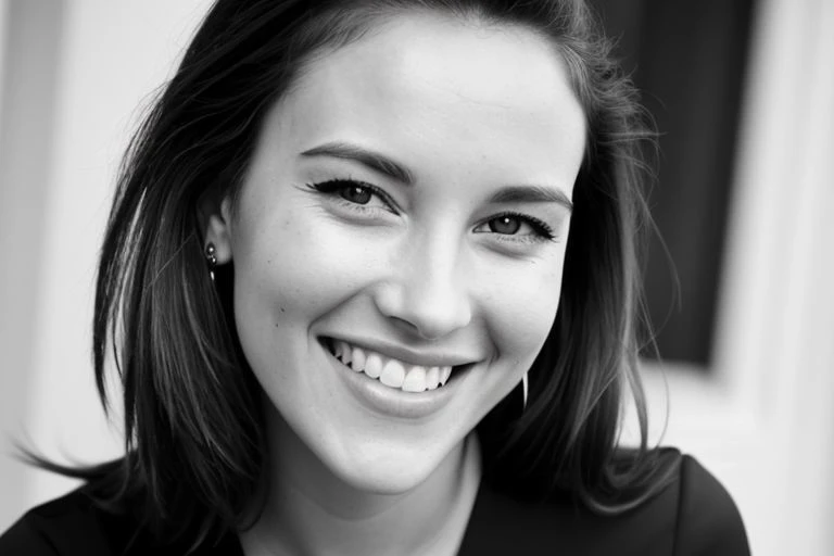 bw_kiev face portrait photo of beautiful 26 y.o woman, cute face, wearing black dress, happy face