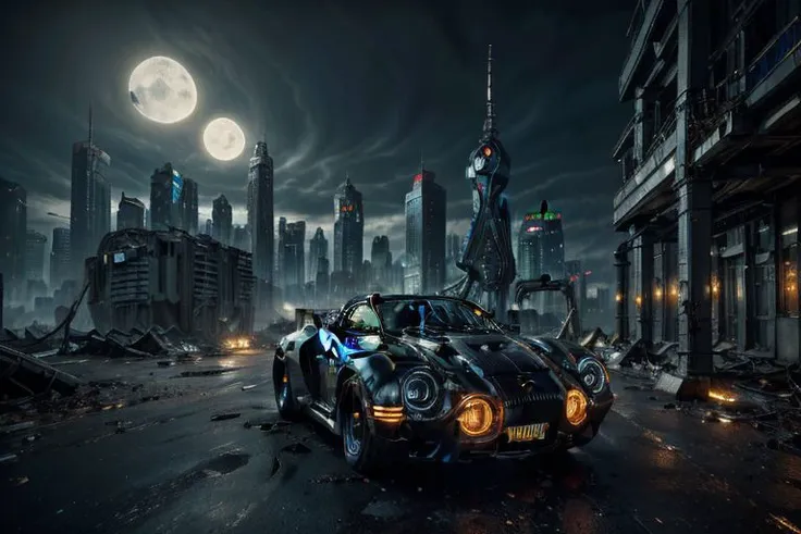 Futuristic dystopia cyber punk city with skyscrapers, neon lights and futuristic cars. Few drunkards on the street. Human cyborgs and robots walking, rusty futuristic cars abandoned on the streets, flying hovercraft above. Photorealistic, dark atmosphere. HD, very detailed, 4k