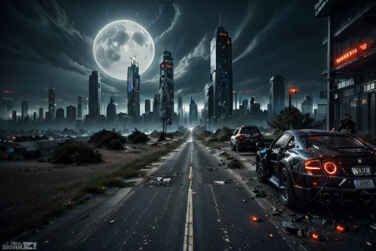 Futuristic dystopia cyber punk city with skyscrapers, neon lights and futuristic cars. Few drunkards on the street. Human cyborgs and robots walking, rusty futuristic cars abandoned on the streets, flying hovercraft above. Photorealistic, dark atmosphere. HD, very detailed, 4k