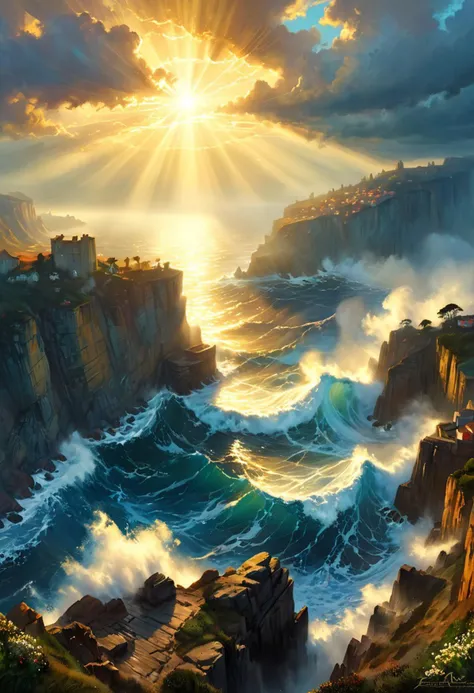 close view on open ocean from cliffisde, morning, slight fog, sunrays, water, (clouds), very busy sky, storm, dim fog, atmospheric, (golden glow), romantic impressionism, absurdres, scenery art, matte painting, romantic, beautiful digital painting, anime landscape, romantic painting, paintlike, dreamy,