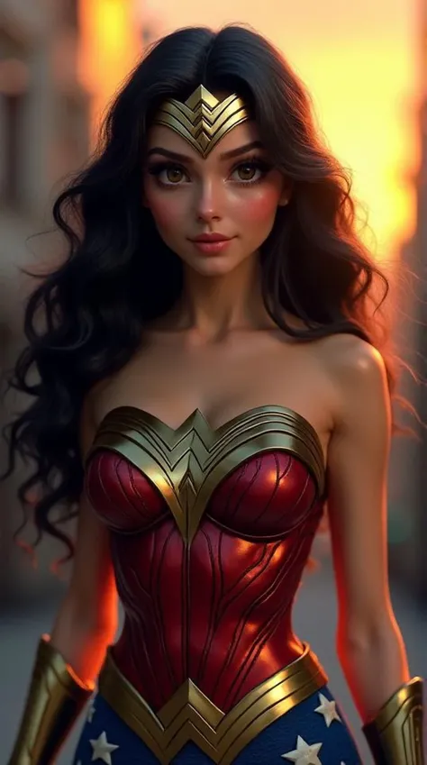 (best quality, masterpiece, colorful, dynamic angle, highest detailed), (photorealistic:1.2), raw photo,(Wonder Woman), upper body photo, fashion photography of cute black long hair girl (Wonder Woman), dressing high detailed Wonder Woman suit (high resolution textures), in dynamic pose, bokeh, (intricate details, hyperdetailed:1.15), detailed, moonlight passing through hair, perfect night, (fantasy background), (official art, extreme detailed, highest detailed), (photorealistic:1.2), raw photo, HDR+, medium eyes, detailed eyes, expressive eyes, realistic, disney pixar style, 3d, 3d rendering