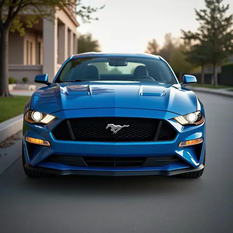 a mobile camera perspective of someone taking a perfectly frontal photo to a blue ford mustang