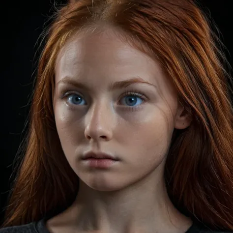 <lora:Notarealperson59-000005:1> Notarealperson059!!Notarealperson059!!,cute59!, redhead, (photorealistic:1) (best quality) (intricate details) (8k) (HDR) (cinematic lighting) (sharp focus) ((detailed and realistic face:1)), ((black neutral background)),  ((face front, id-picture)), front view, skinny, (((((18 years old))))),