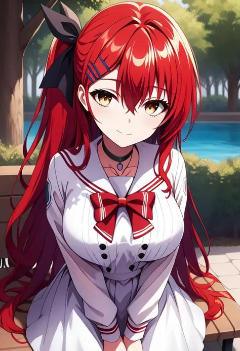 score_9, score_8_up, score_7_up, source_anime, LEOLESHEA, 1girl, solo, long hair, breasts, looking at viewer, blush, smile, bangs, skirt, hair ornament, long sleeves, dress, bow, ribbon, hair between eyes, jewelry, very long hair, closed mouth, school uniform, collarbone, hair ribbon, yellow eyes, red hair, outdoors, choker, day, hairclip, sailor collar, white dress, red bow, side ponytail, tree, one side up, black choker, white skirt, sailor dress, white sailor collar, bench