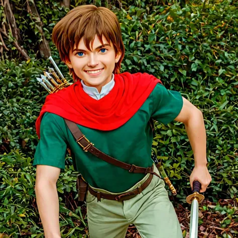 weapon, 1boy, solo, Robin Hood, blue eyes, white collar, red scarf, dark green shirt, light green pants, brown hair , smile, ultra realistic, 8K