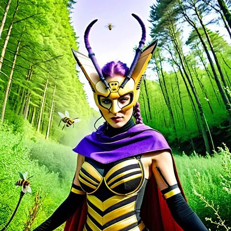 hyperdetailed photography, soft light,high resolution,cinematic,realistic,raw photo of queenbeemon with purple braided ponytail and a mask and antenna and green eyes and a cape in the woods surrounded by bees,upper body, <lora:QueenBeemonXL:0.95>