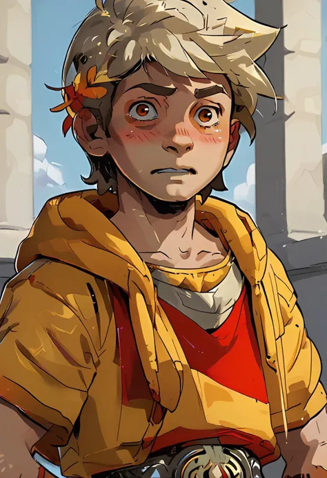 score_9, score_8, score_9, BREAK, solo, male , miguel, sky yellow hair, long fluffy hair, sky yellow eyes, embarrassed, blush, sky yellow cardigan hoodie, standing straight, hand on hip, looking at camera, Eye-level shot, central framing, shadow, natural lighting, upper body