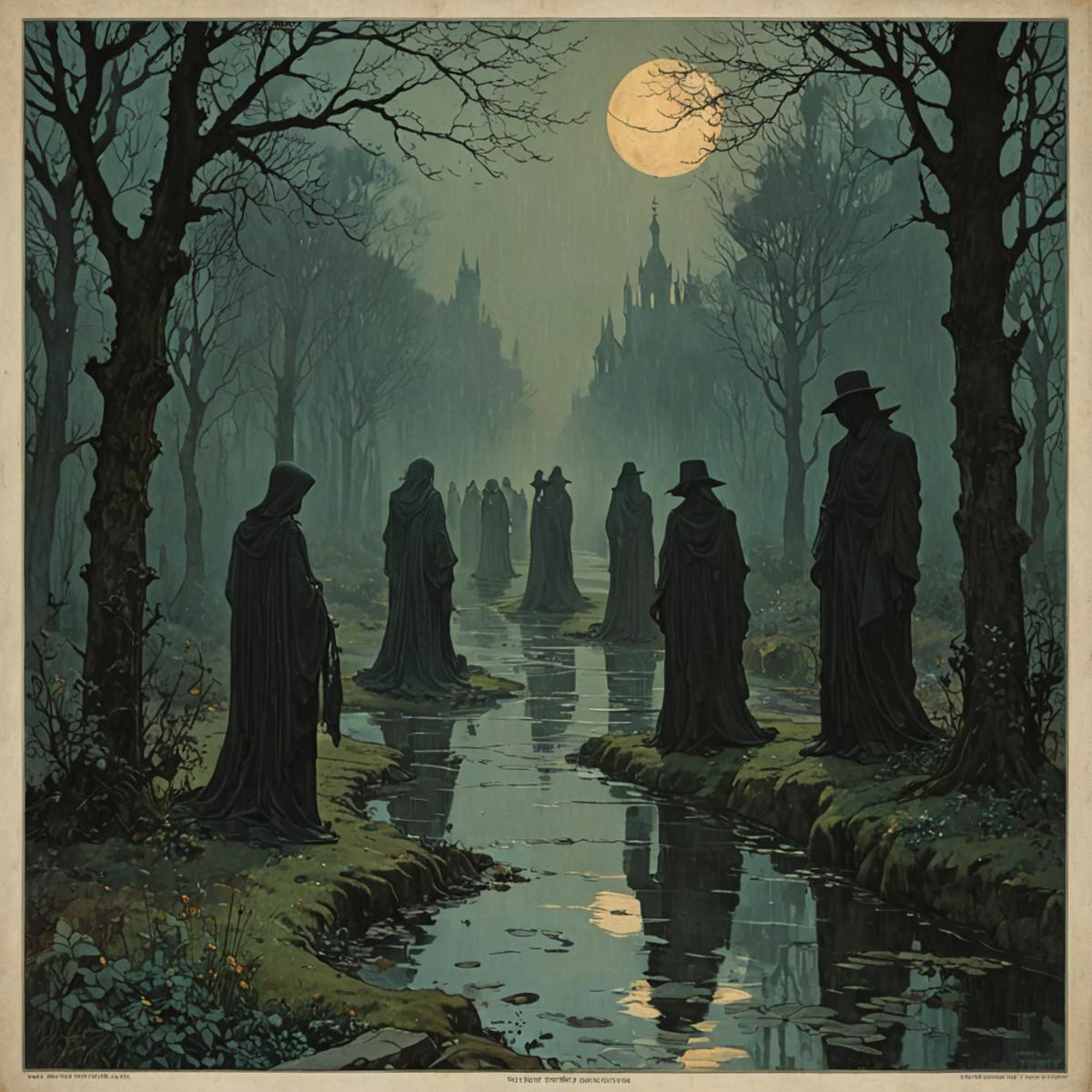 moonlit graveyard, under the light of a full moon, a procession of ghostly figures, all dressed in old-fashioned funeral attire, silently walks towards an open crypt, faces are pale and expressionless,
moss, (rain:1.5), raining, at night, moonlight, soft lights, foggy, mist, windy,
(in Alphonse Mucha poster style, art nouveau, masterpiece, lithography, muted colors,:1.3)
artchlr, <lora:artfullyECHELIER_SDXL_V1:0.75>, black, dark, <lora:- SDXL - vanta-black_contrast_V3.0:0.45>