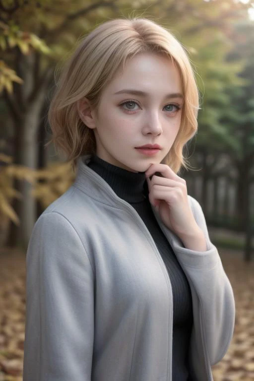 realism, super realistic photo, fashion magazine photo, stylish autumn outfit, cute girl with blonde hair, short hair, blue eyes, coat, autumn clothes, autumn, autumn city, highly detailed portrait, high quality, 34K uhd, masterpiece, high detail, 8k, intricate, detailed, high resolution, high res, high quality, photorealism, highly detailed, Extremely high-resolution details, fine texture
