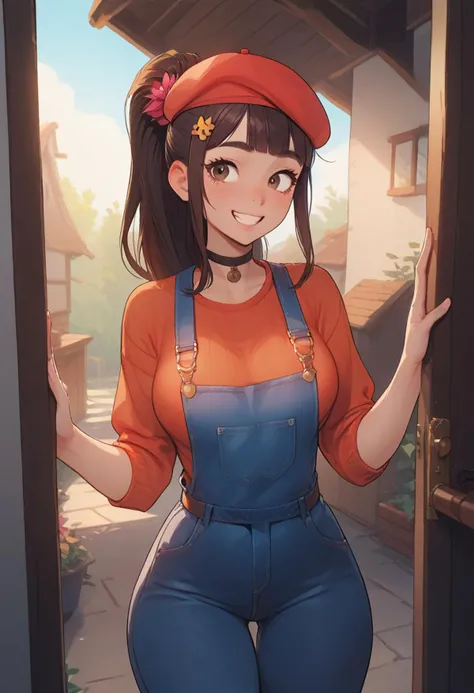 score_9, score_8_up, score_7_up, score_6_up, score_5_up, score_4_up, cute 18 year old girl, kawaii girl, perfect cute face, wide hips, thick thighs, huge bust, massive butt, super wide hips, brown hair, blunt bangs, long hair, pale skin, dark brown eyes, choker, flower hair clip beret, work clothes, overalls, tool belt, ball cap, ponytail
BREAK
standing, outside house, in doorway, seductive expression, smiling
BREAK