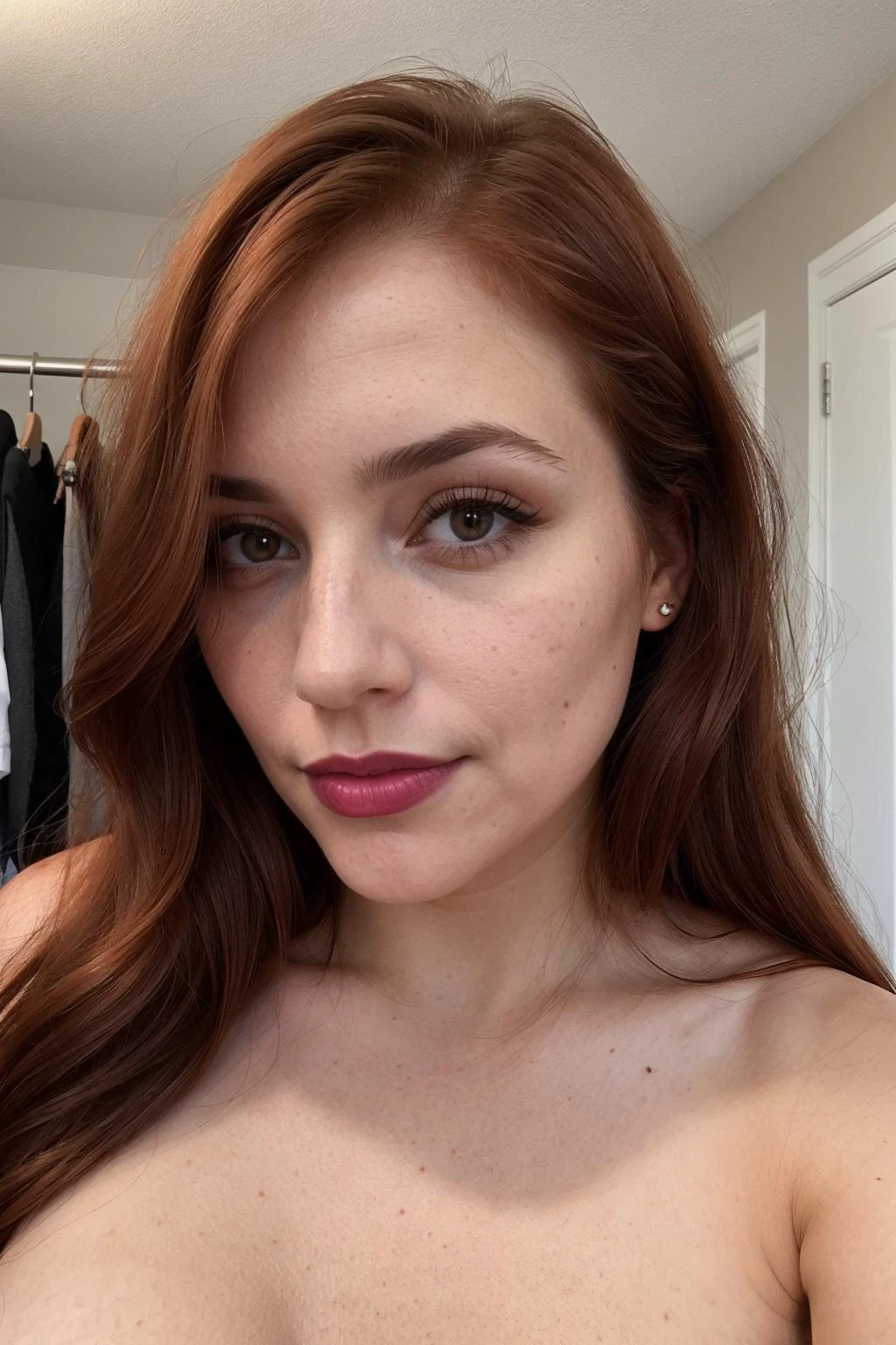 multiple woman, instagram selfie , slight smile , natural lighting , dressing room, long hair, Imperfect breasts , film grain, low contrast, natural face, redhead , brown eyes, makeup, lipstick, (mole under mouth:0.8), eyelashes, shot with a iphone