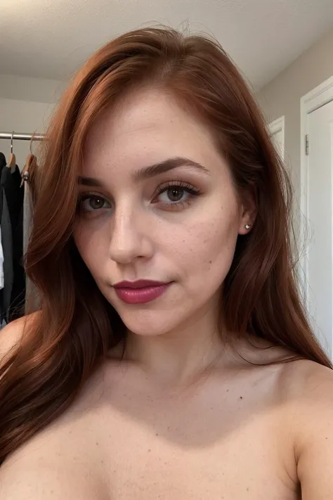 multiple woman, instagram selfie , slight smile ,  natural lighting , dressing room, long hair, Imperfect breasts , film grain, low contrast, natural face, redhead , brown eyes, makeup, lipstick, (mole under mouth:0.8), eyelashes, shot with a iphone