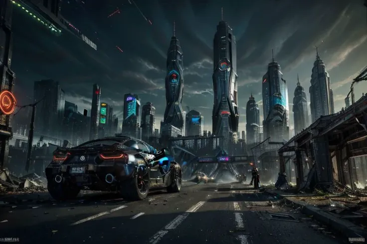 Futuristic dystopia cyber punk city with skyscrapers, neon lights and futuristic cars. Few drunkards on the street. Human cyborgs and robots walking, rusty futuristic cars abandoned on the streets, flying hovercraft above. Photorealistic, dark atmosphere. HD, very detailed, 4k