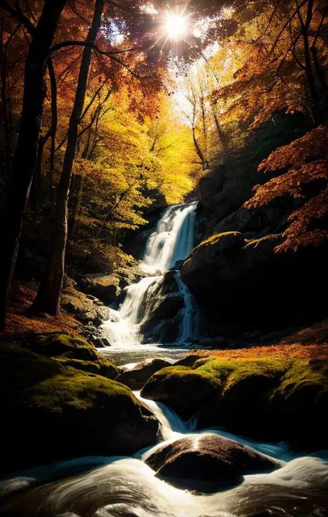 [Gallery] photo of a [high majestic colorful Autumn waterfall][colorful Fall forest in upper Michigan],[sunshine shines into water and forest floor gerns and flowers][after rainfall wet leaves and rushing water], [breathtaking stone and landscape], [maple, oak, birch, pine], [perfect morning sunshine], [movie atmosphere], [dramatic camera angle], [medium format bellows camera], in the style of [NationalGeographic][post-processing: oversharpen, expert dodge and burn, ISO 400 color film noise, corner darken vignette]