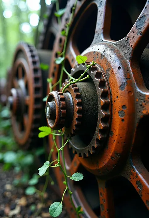 A detailed view of abandoned industrial machinery being reclaimed by nature. Flaking rust patterns, vines weaving through gears, peeling paint, textures of metal and decay, shafts of light highlighting textures, extreme close-up, gritty, atmospheric light.