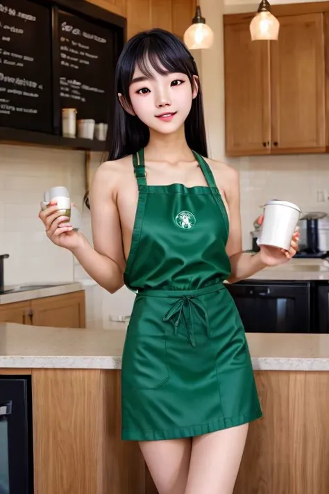 19 year old very cute Korean woman enjoying nudism in a coffee shop. Wavy black hair. Wearing a green apron. Sitting on counter. Emulating Starbucks advertising. Flashing vagina. Holding coffee cup.
