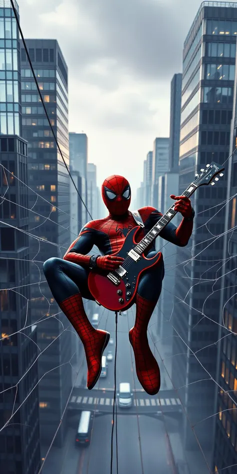 AlexRossstyle, spider-man lounging on a vast intricate spider web suspended between sky scrapers in London, he is playing the electric guitar with a joyful demeanor, musical notes playfully dancing from within the instrument