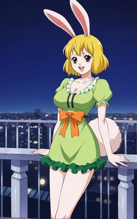 score_9, score_8_up, score_7_up, BREAK
GreenDress_Carrot_ownwaifu,
1girl, blonde hair, rabbit girl, short hair, furry female, rabbit tail, animal ears, brown eyes, rabbit ears, buck teeth, large breasts, animal nose, body fur, white fur, collarbone, bare legs, colored skin,
dress, green dress, short sleeves, puffy sleeves, bow, cleavage, puffy short sleeves, frills, green shirt, short dress,
(standing, arm_support), railing, cityscape, night, city, city lights, scenery, starry sky, vanishing point, outdoors, <lora:PONYXL_ONEPIECE_Carrot_ownwaifu:0.8> , depth of field, solo,