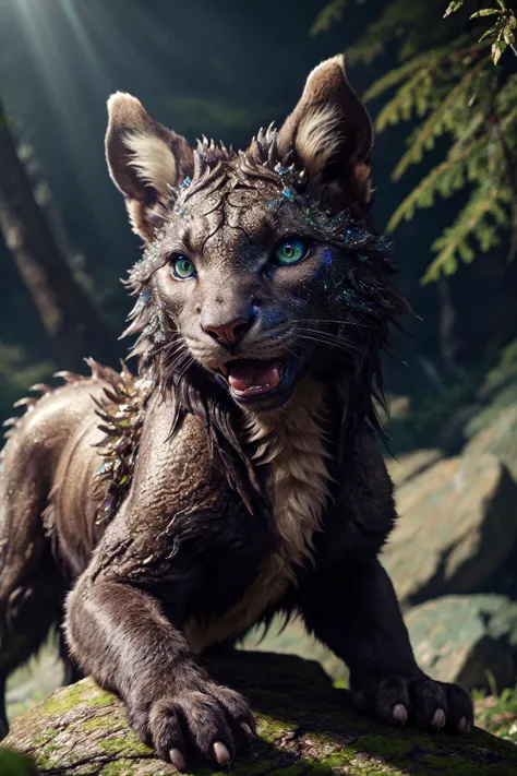 a beautiful [dragon:human:0.75] Hybrid beast cub lies on a large rock in a forest, sunlight breaking through, [[yawning]], rim lighting, otherworldly, (bioluminescent), dark, misty, surreal, highly detailed [fur|scale] textures, intricate details, photorealistic, masterpiece, best quality, High quality texture, detailed texture, ultra-detailed, 8K, HDR <lora:detail_slider_v4:1.7>