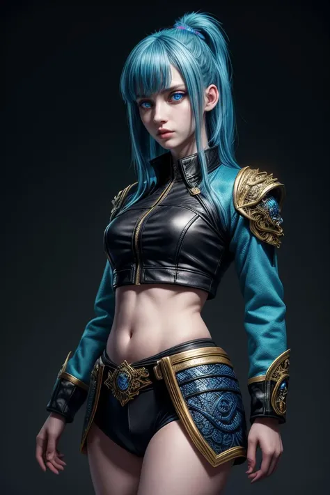 masterpiece, best quality, highres, photorealistic, intricate and beautiful, detailed light, colorful, RAW photo, full body shot, full body portrait, full figure, standing, Short,long blue hair, pale skin, bright blue eyes, 22 years old, woman, A sleek black crop top with neon accents, and a high-collared jacket, background is a fantasy world,, highres textures, sharp, high contrast, cinematic, <lora:GoodHands-vanilla:0.8> <lora:more_details:0.8>