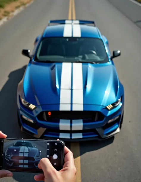 a mobile camera perspective of someone taking a perfectly frontal photo to a blue ford mustang with white stripes on the hood