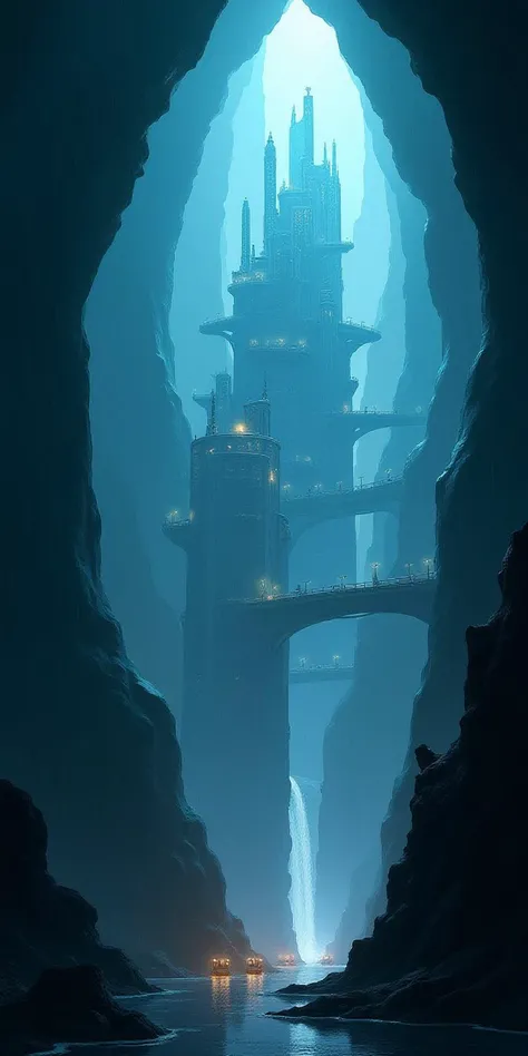 a fantasy city built within a vast cave, sleek glass buildings, elegant walkways between towers, illustration, raining, dark and moody lighting, digital art, oil painting, fantasy, 8 k, trending on artstation, detailed