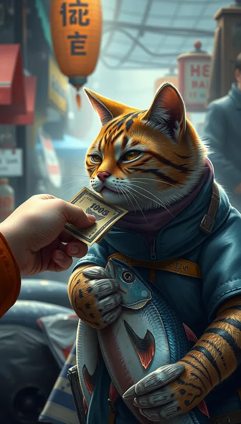 image of a hand offering money to a fishmonger cat, holding fish, 8k, ultra detailed, at the market, <lora:cashbaba:0.6>  <lora:xl_more_art-full_v1:0.5>